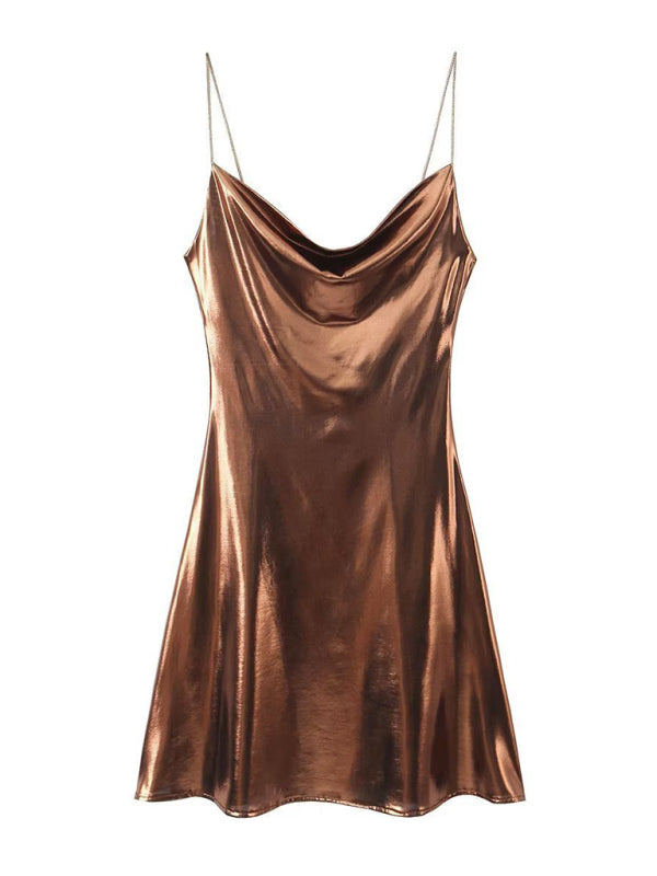 Backless Metallic Bodycon Party Dress Coffee