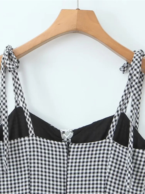 Plaid Lace Trim Sling Dress – Romantic Woven Mini for Spring/Summer