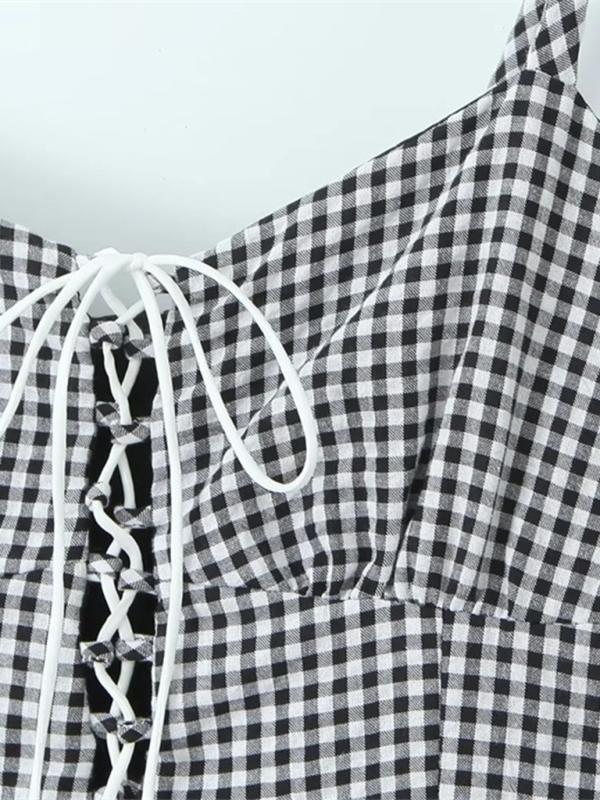 Plaid Lace Trim Sling Dress – Romantic Woven Mini for Spring/Summer