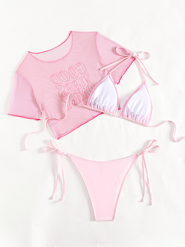 Pink Three-Piece Ribbed Bikini Set – Sexy Cover-Up & Swimsuit for Women