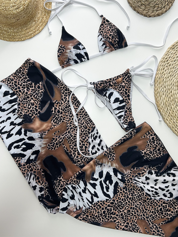 Leopard Print 3-Piece Bikini Set – Sexy Knit Swimwear with Cover-Up