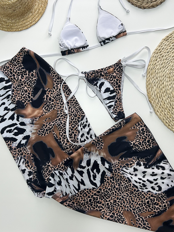 Leopard Print 3-Piece Bikini Set – Sexy Knit Swimwear with Cover-Up