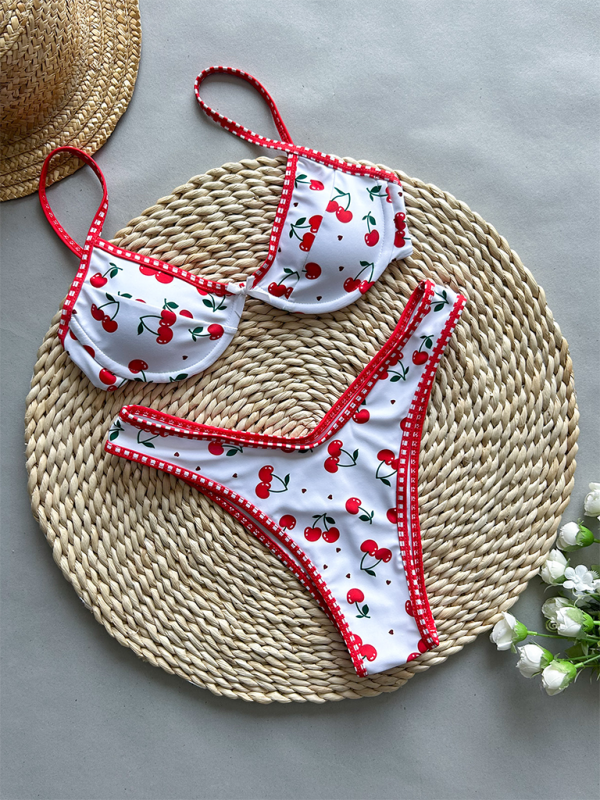 Cherry Print Two-Piece Bikini Set – Gathered Top & High-Waisted Bottoms