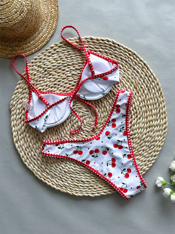 Cherry Print Two-Piece Bikini Set – Gathered Top & High-Waisted Bottoms