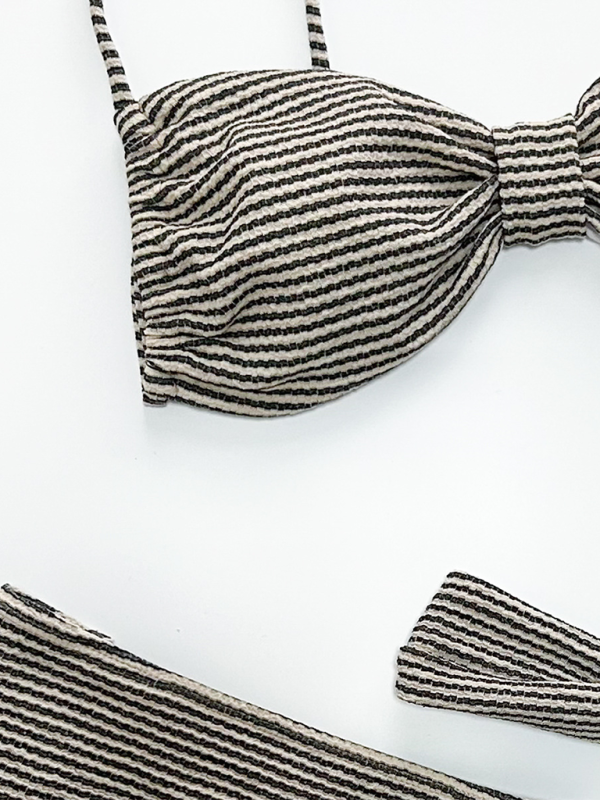Leopard Print Striped Three-Piece Bikini Set – Khaki, Sexy Knit Design