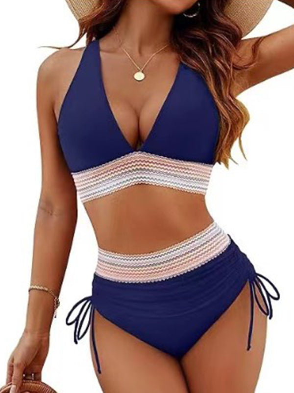 Leopard Print V-Neck Bikini – High-Waisted Two-Piece with Tie Front