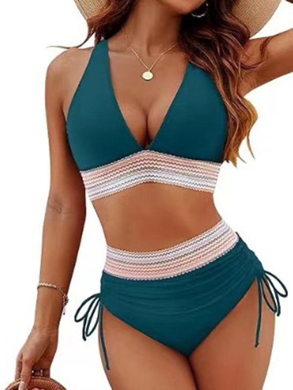 Leopard Print V-Neck Bikini – High-Waisted Two-Piece with Tie Front