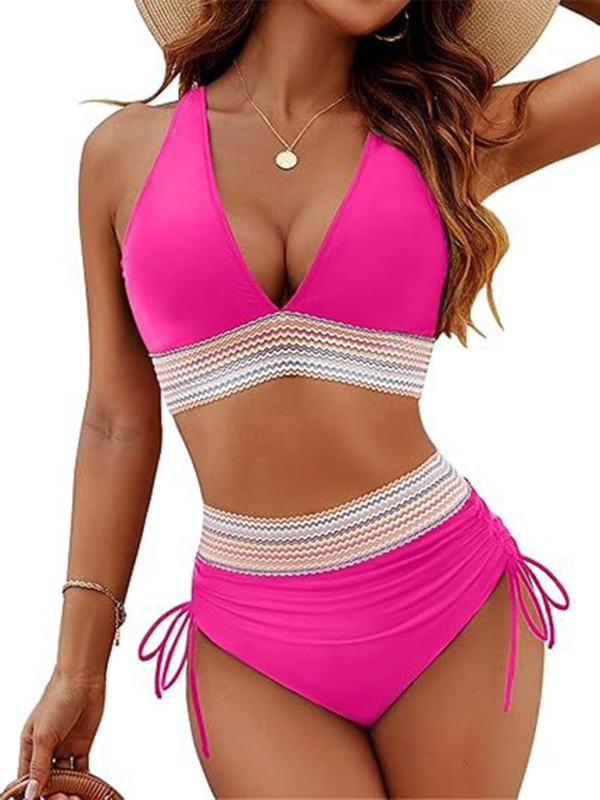 Leopard Print V-Neck Bikini – High-Waisted Two-Piece with Tie Front