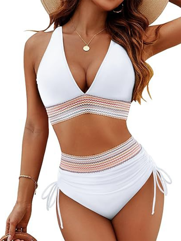 Leopard Print V-Neck Bikini – High-Waisted Two-Piece with Tie Front
