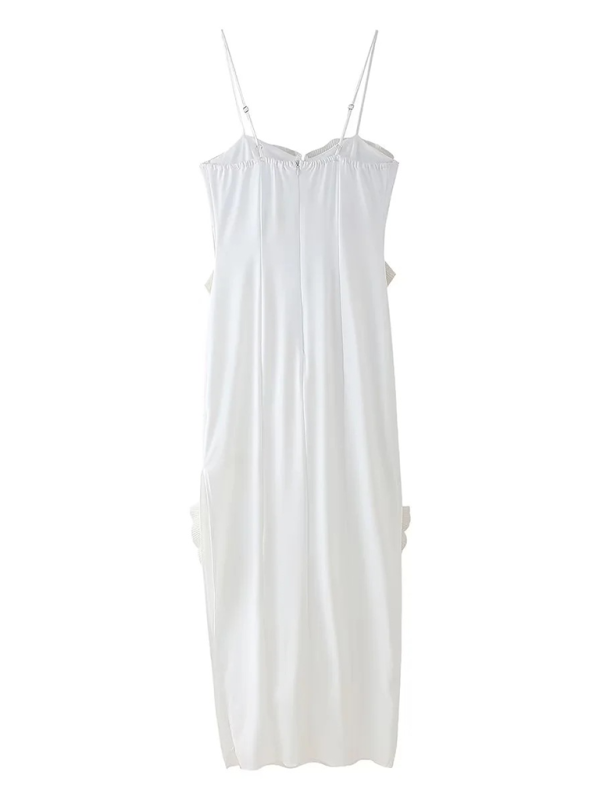 Pleated Ruffled Suspender Midi Dress with Side Slits – Elegant Fit for Spring/Summer