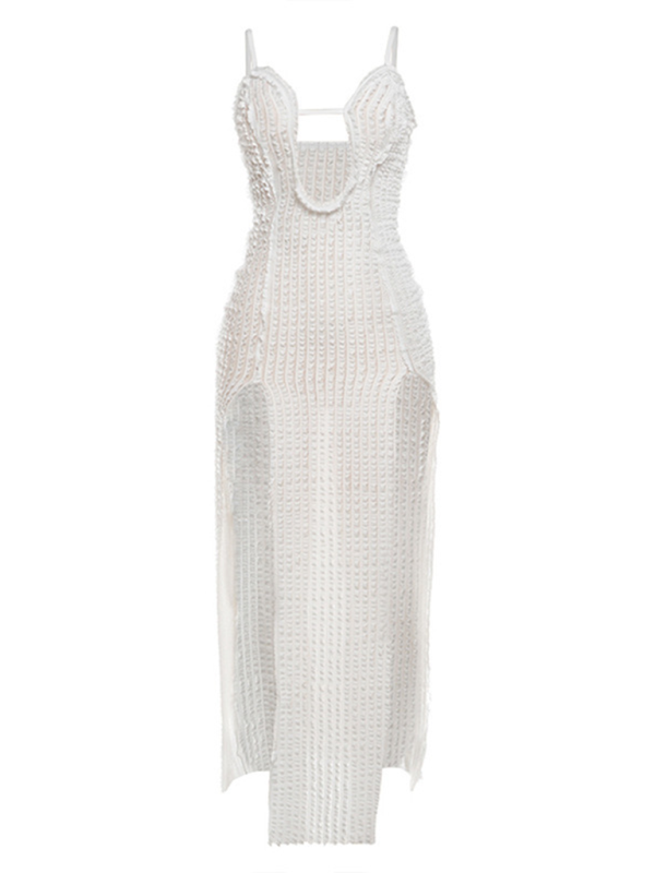 Leg-Lengthening Slit Suspender Dress – Low-Cut Slim Fit in White or Black