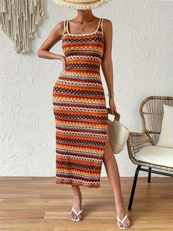 Striped Sleeveless Square-Neck Maxi Dress – Spring-Summer Casual Vacationwear