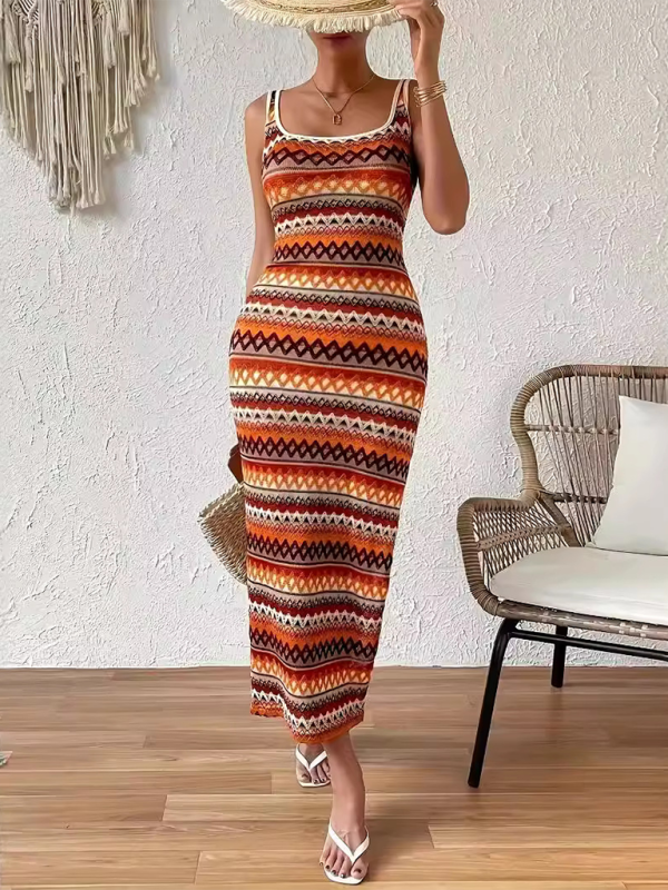 Striped Sleeveless Square-Neck Maxi Dress – Spring-Summer Casual Vacationwear