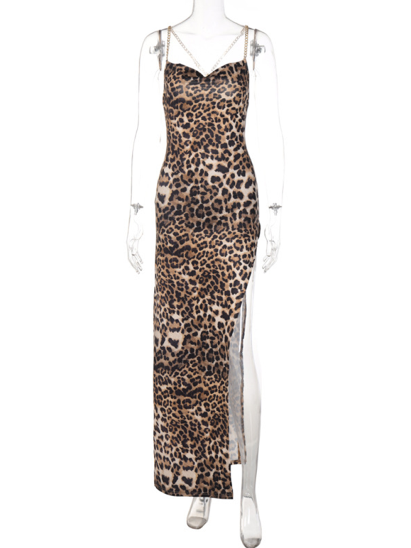 Leopard Print Backless Chain Strap Midi Dress