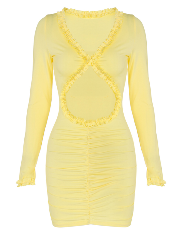 Yellow Hollow Lace Bodycon Dress – Navel Cutout Knit Midi for Autumn