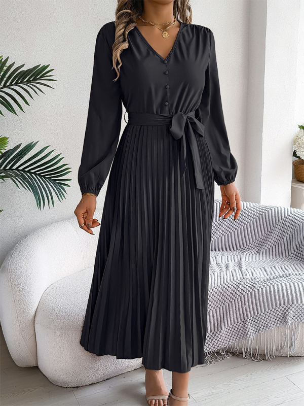 Pleated V-Neck Tie Waist Long Dress