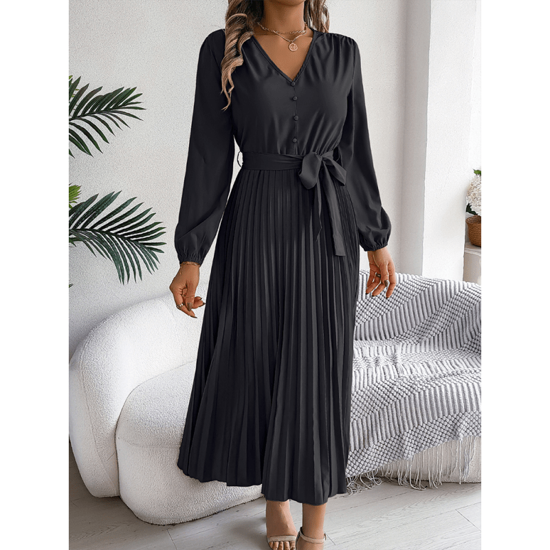 pleated-v-neck-tie-waist-long-dresssmiling-maria---everything-for-women-34669874