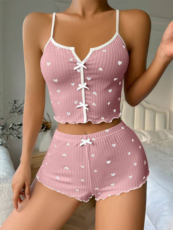Heart Print Colorblock Front-Split Sling Pajama Set – Soft Knit Loungewear