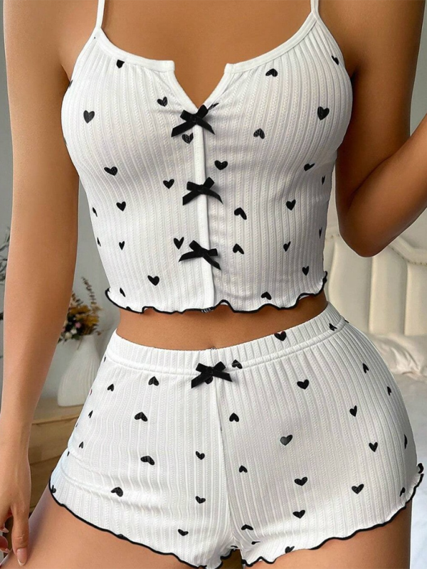 Heart Print Colorblock Front-Split Sling Pajama Set – Soft Knit Loungewear