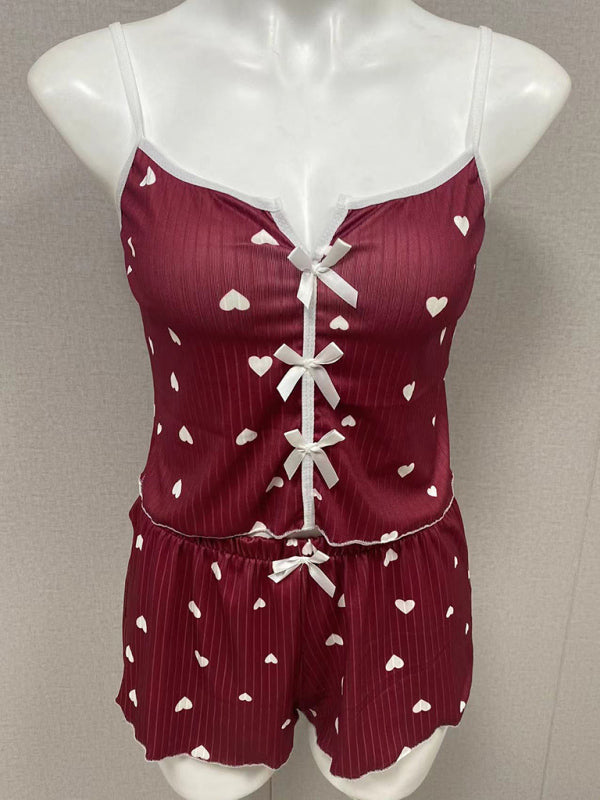Heart Print Colorblock Front-Split Sling Pajama Set – Soft Knit Loungewear