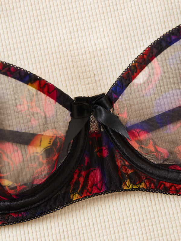 Set di lingerie Halloween con stampa teschio, 4 pezzi