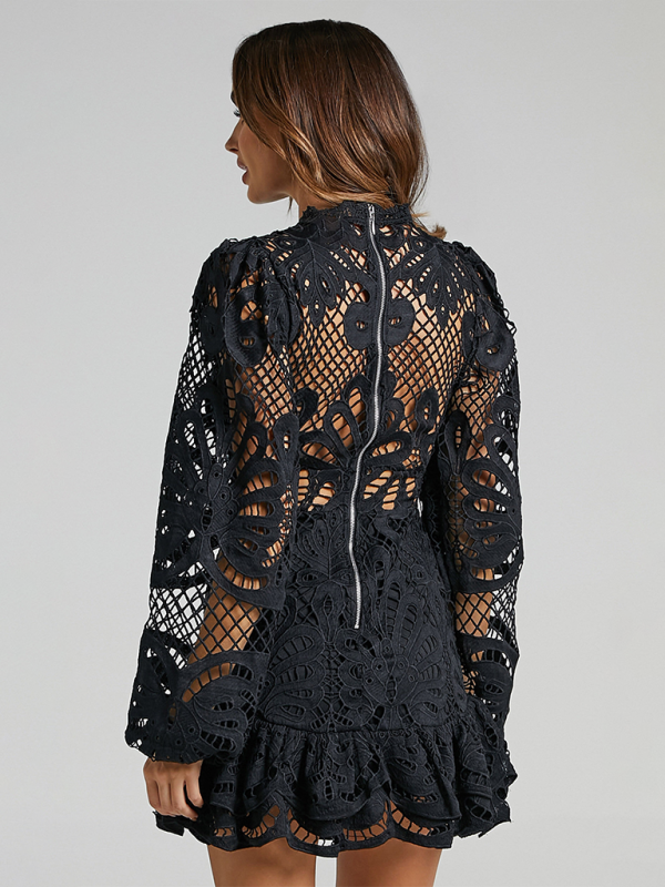 Elegant Lace A-Line Mini Dress with Lantern Sleeves & Ruffle Trim