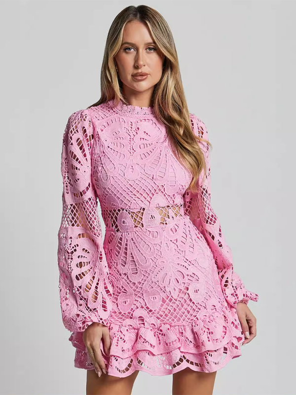 Elegant Lace A-Line Mini Dress with Lantern Sleeves & Ruffle Trim