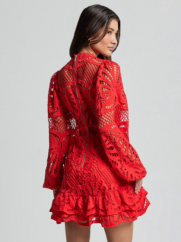 Elegant Lace A-Line Mini Dress with Lantern Sleeves & Ruffle Trim