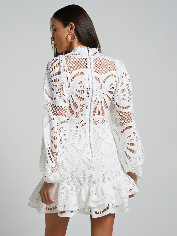 Elegant Lace A-Line Mini Dress with Lantern Sleeves & Ruffle Trim