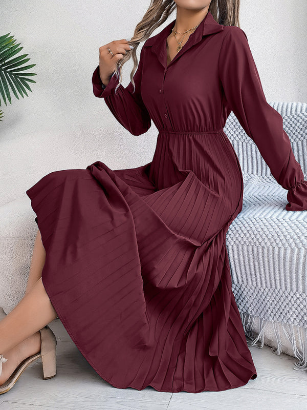 Pleated Long-Sleeve Lapel Dress – Button Down & Waist-Defined Fit