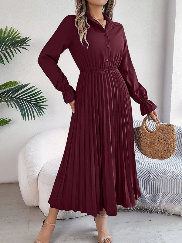 Pleated Long-Sleeve Lapel Dress – Button Down & Waist-Defined Fit