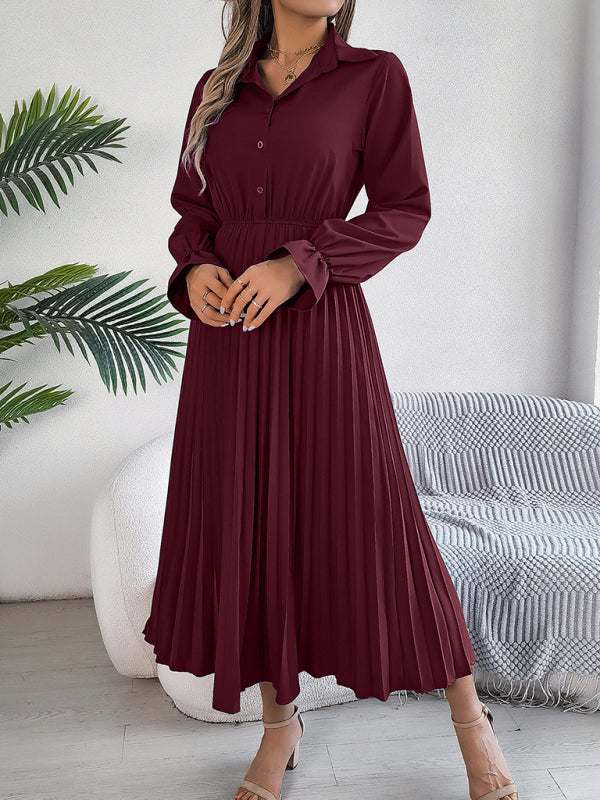 Pleated Long-Sleeve Lapel Dress – Button Down & Waist-Defined Fit