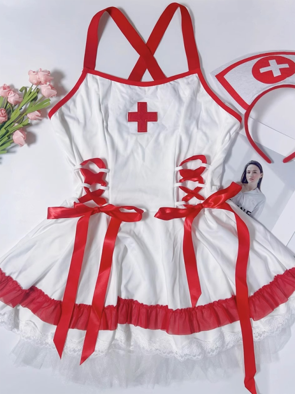 Sexy Nurse Lingerie Costume – Deep V Halter Mini Dress in White