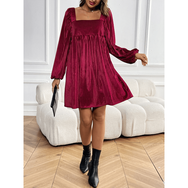 فستان مخملي برقبة مربعة وظهر مكشوف – أسلوب شتوي قديم مع جيوب مائلة ابتسامة ماريا - كل شيء للنساء 34649827