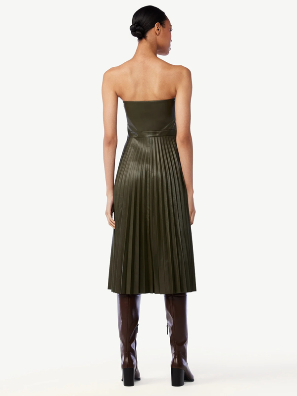 Pleated PU Leather Strapless Midi Dress – Off-Shoulder, Chic Fit