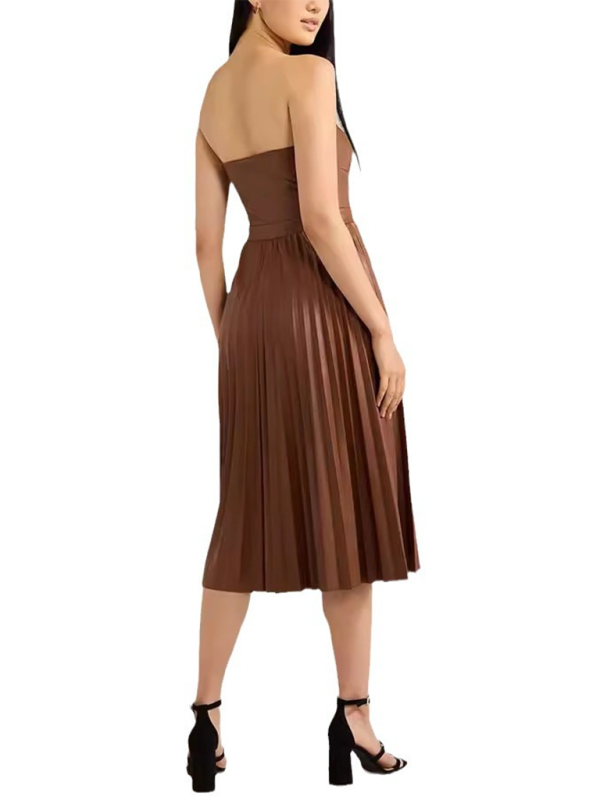 Pleated PU Leather Strapless Midi Dress – Off-Shoulder, Chic Fit