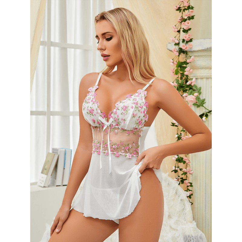 シアー刺繍レースナイトガウン – セクシーなノースリーブランジェリー パジャマ