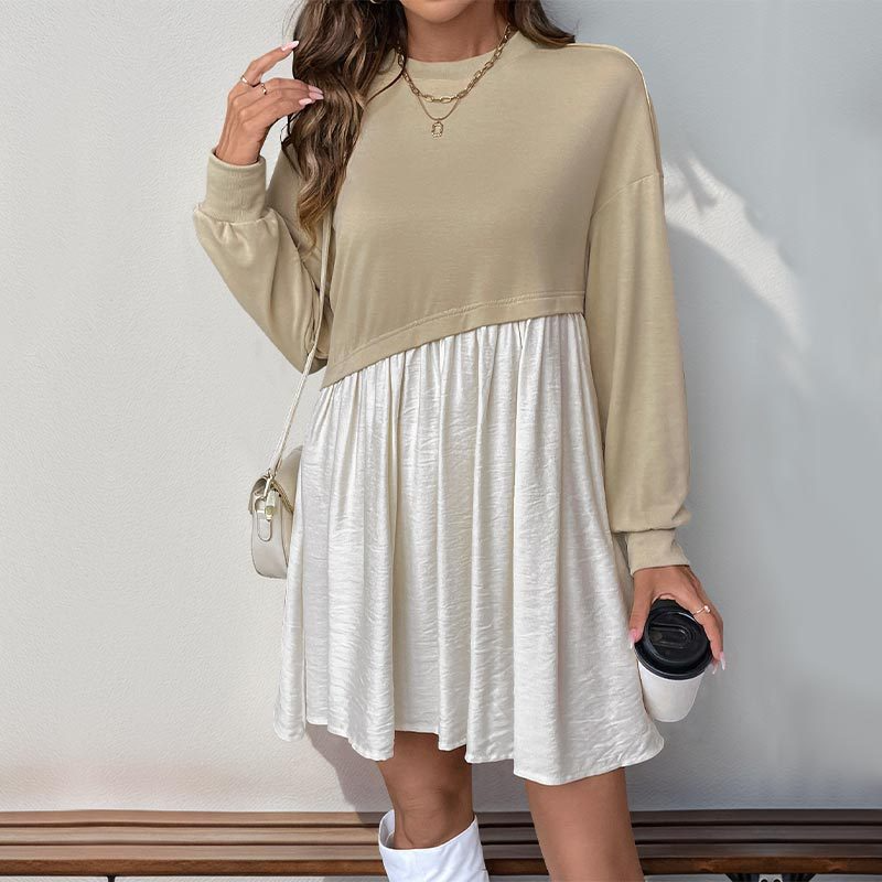 Versatile Long-Sleeve Knit Dress – Contrast Stitching & Round Neck