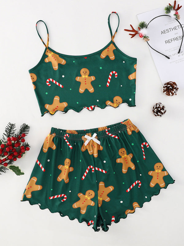 Christmas Print Sleeveless Lounge Set – Two-Piece Holiday Shorts Outfit