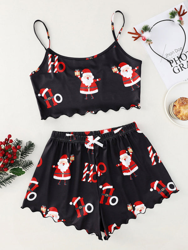 Christmas Print Sleeveless Lounge Set – Two-Piece Holiday Shorts Outfit