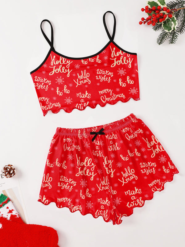 Christmas Print Sleeveless Lounge Set – Two-Piece Holiday Shorts Outfit