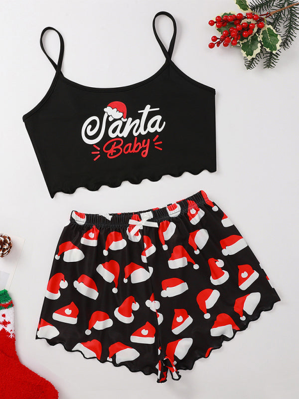Festive Elk & Letter Print Sleeveless Pajama Set – Soft Knit Two-Piece Loungewear