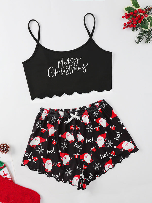 Festive Elk & Letter Print Sleeveless Pajama Set – Soft Knit Two-Piece Loungewear