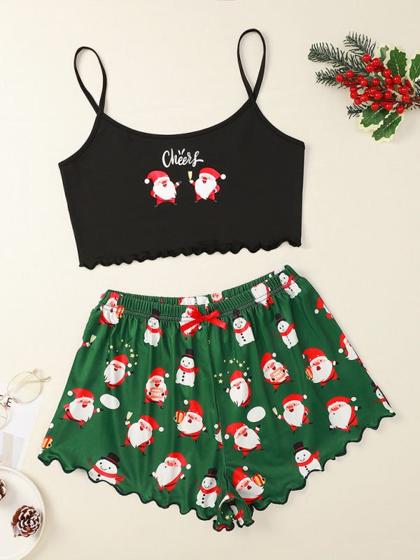 Festive Elk & Letter Print Sleeveless Pajama Set – Soft Knit Two-Piece Loungewear