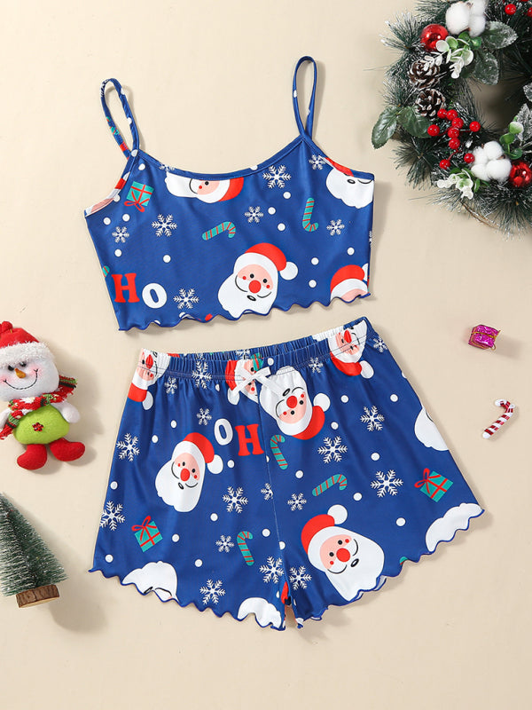 Christmas Santa Print Two-Piece Loungewear Set – Soft Knit Holiday Pajamas