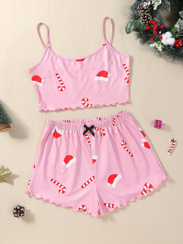 Christmas Santa Print Two-Piece Loungewear Set – Soft Knit Holiday Pajamas