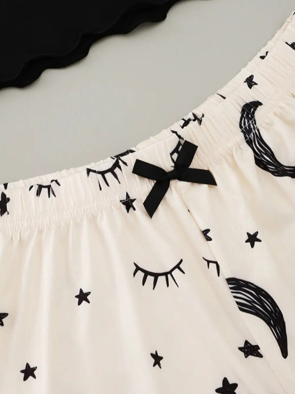 Eyelash Print Camisole & Star Moon Shorts Loungewear Set – Soft Knit Pajama Set