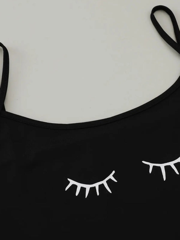 Eyelash Print Camisole & Star Moon Shorts Loungewear Set – Soft Knit Pajama Set