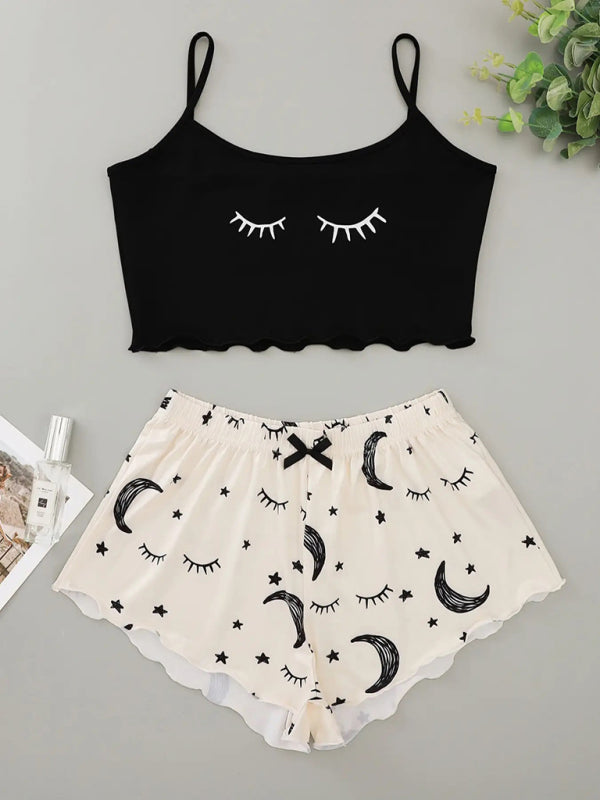 Eyelash Print Camisole & Star Moon Shorts Loungewear Set – Soft Knit Pajama Set