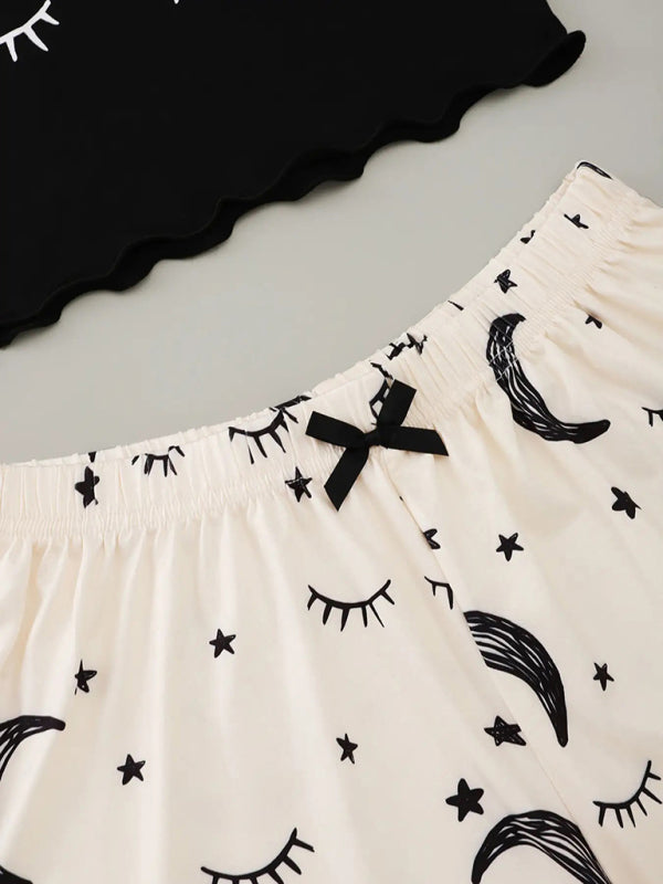 Eyelash Print Camisole & Star Moon Shorts Loungewear Set – Soft Knit Pajama Set